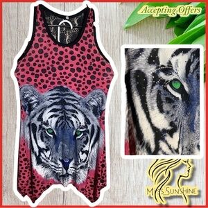 Sz M - Hot pink handkerchief slip dress lace racer back rhinestone tiger flowy